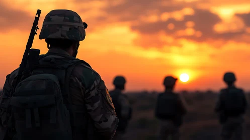 Soldier in combat gear observes three comrades at sunset
