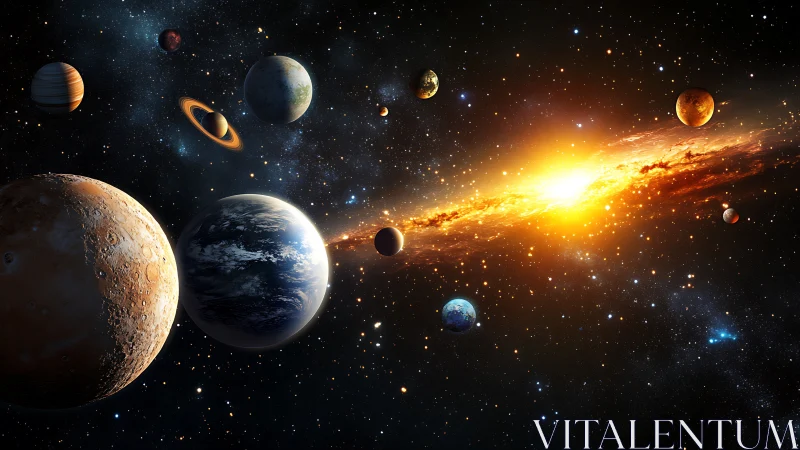 Planets surrounding bright galactic core in deep space.