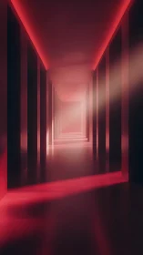 Crimson neon corridor stretches into a misty, infinite hush.
