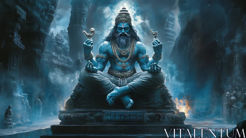 Mythic blue deity in luminescent temple atmosphere, frontal.