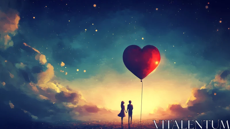 Silhouetted Figures Beneath Luminescent Heart-Shaped Balloon at Dusk.