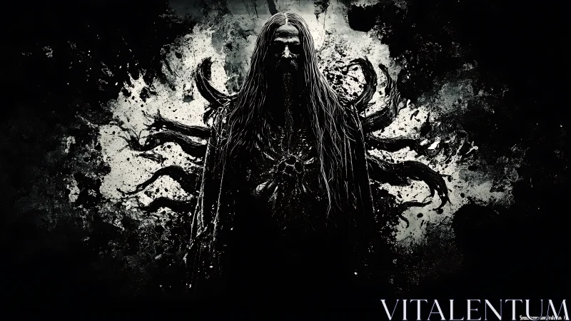 Dark humanoid figure with tendrils in stark contrast.