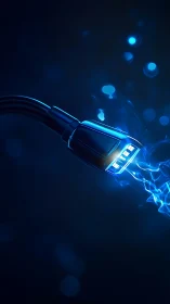 Luminous USB connector with electric blue energy stream.