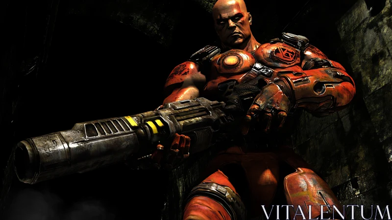 Armored figure holds large sci-fi weapon in dark corridor