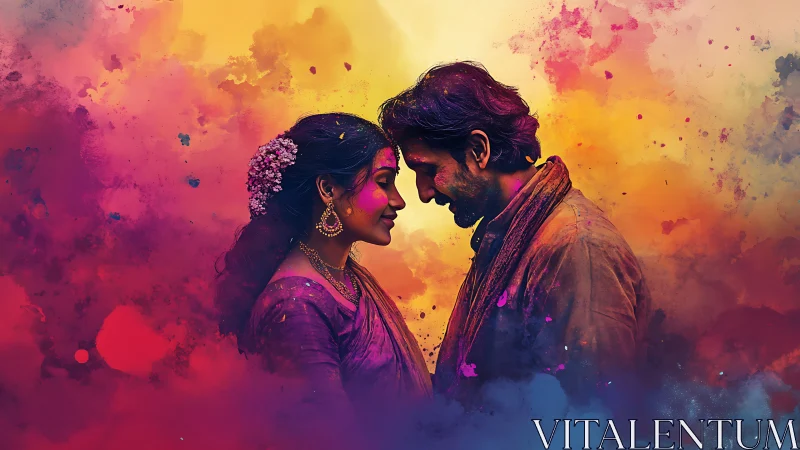 Loving couple leans together amid vibrant Holi color clouds