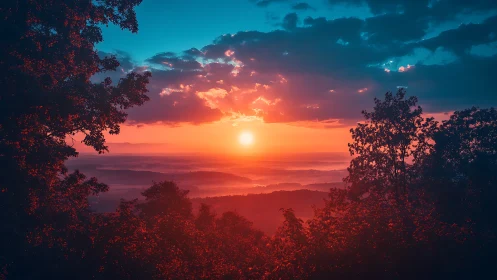 Digital painting sunset framed by silhouetted forest canopy.