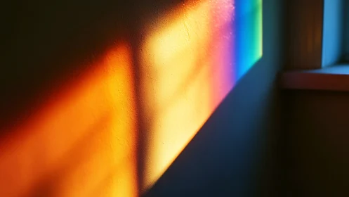 Prismatic window glow splashes rainbow color across quiet wall.