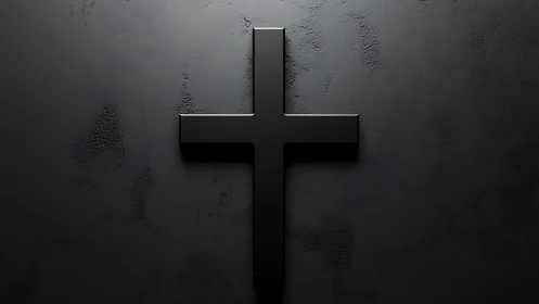 Minimalist black 3D cross on textured dark wall background.