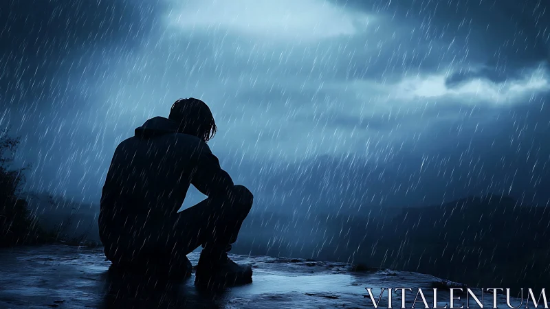 Silhouetted figure in storm-lit rainfall on exposed cliff edge.
