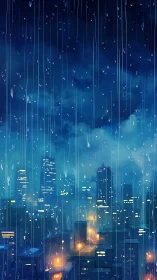 Rainy night skyline over illuminated modern cityscape.