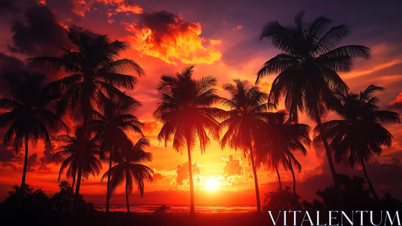 Intense tropical sunset behind silhouetted palm trees.
