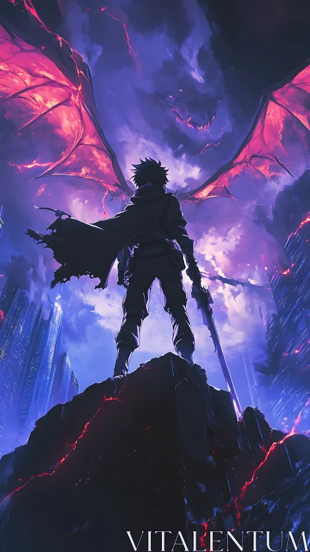 Winged swordsman dominates neon storm over ruined cityscape.