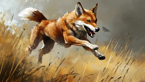 Joyful fox leaping through golden grass in wild freedom.