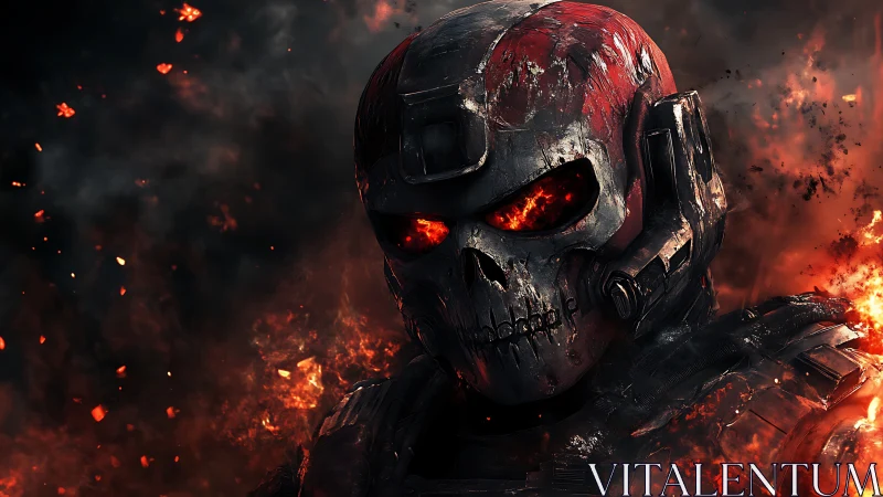 Inferno-eyed war mech smiles through a cracked metal skull