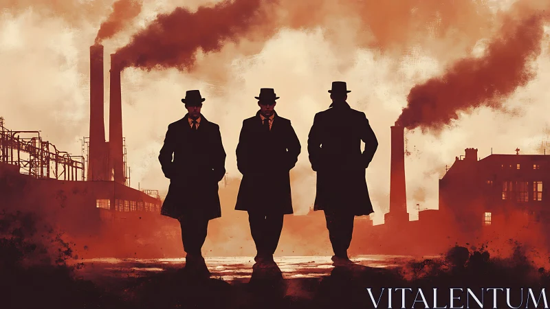 Industrial silhouettes of three suited men at smokestacks.