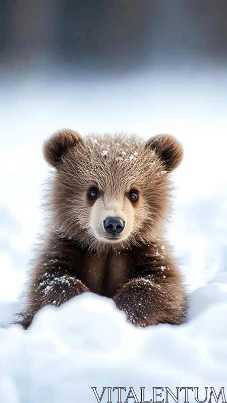 Snow-dusted bear cub daydreaming in a winter hushland.