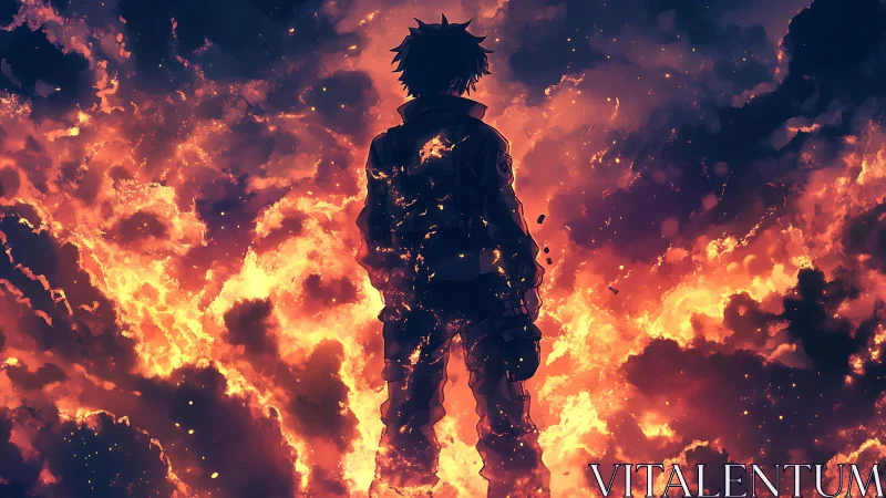 Lone anime hero stands strong in a breathtaking sea of fire