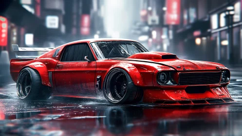 Red widebody muscle car on neon soaked city street.