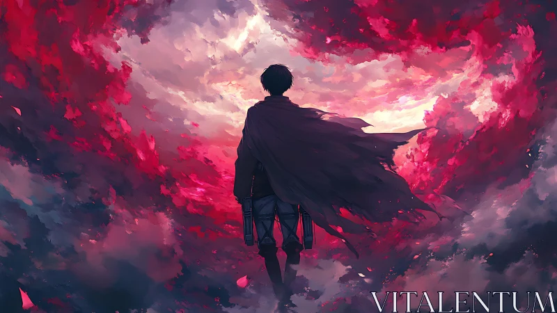 Lone cloaked figure facing storm of crimson and light.