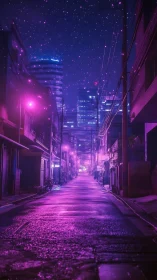 Neon hush over midnight alleyways in star-dusted cityscapes.