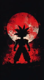 Silhouetted warrior ignites before a blood-red lunar blaze.