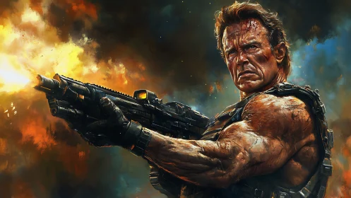 Battle-hardened soldier firing heavy rifle in flames.