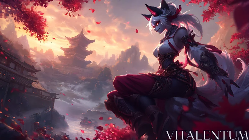 Fox-eared warrior overlooking mystical sunset valley.