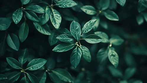 Rain-kissed green leaves in soft cinematic focus.