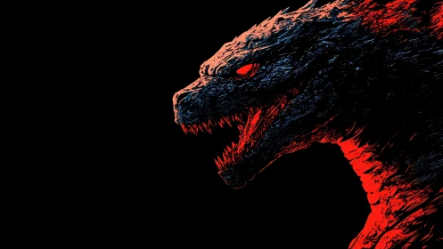 Side profile illustration of a spiked reptilian kaiju head in red.