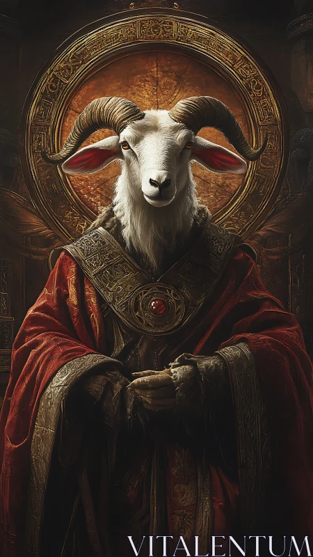 Regal goat priest stands calmly in ornate golden robes