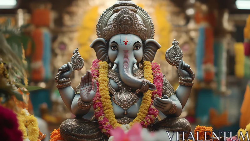 Ganesh idol sits in ornate shrine with flower garlands