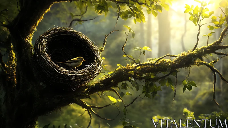 Sunlit forest cradle holds a patient songbird on watch