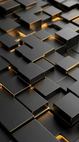 Layered black geometric blocks with subtle golden backlight.