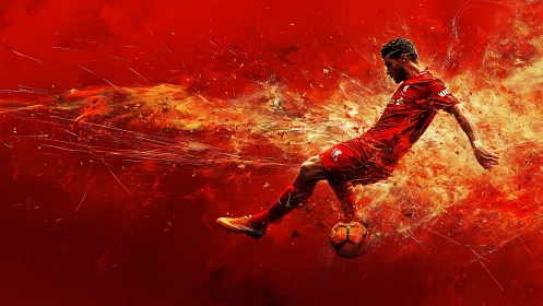 Explosive soccer kick ignites red abstract digital energy.