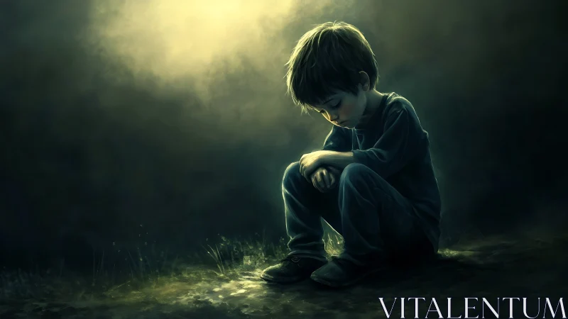 Young boy sits alone in dim light on a shadowed ground