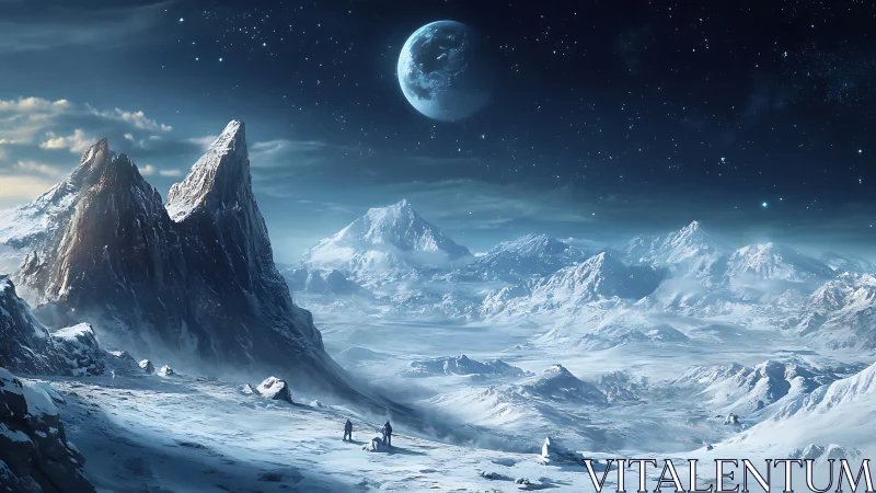 Moonlit wanderers cross an icy frontier beneath twin peaks