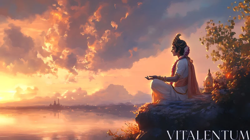 Meditative deity above radiant sunset lake horizon.