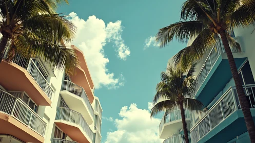 Palm-lined modern apartments frame bright tropical sky
