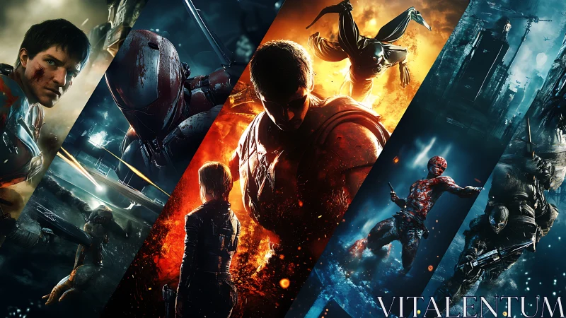 Sci-fi warriors in diagonal cinematic battle montage poster.