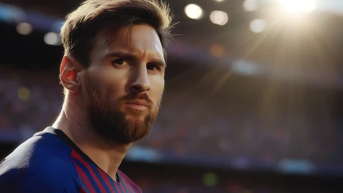 Focused footballer studies pitch under warm stadium light