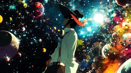 Silhouetted space drifter surveys multicolored nebular starfield