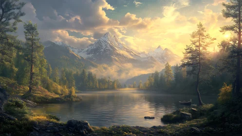 Sunlit alpine lake with pine forest and distant peaks.