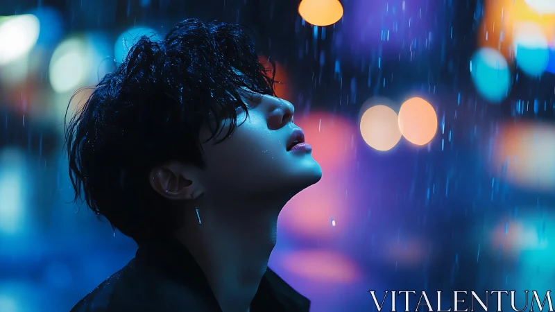 Side profile portrait in rain under defocused urban lights