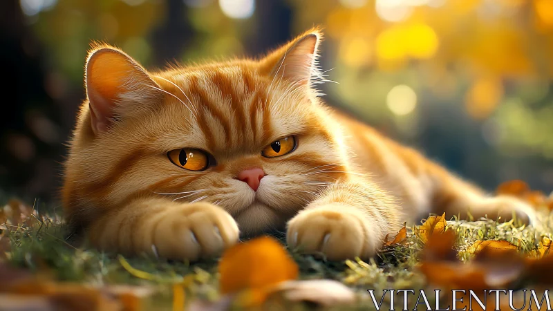 Golden Tabby Felid with Amber Eyes on Autumn Ground Surface.