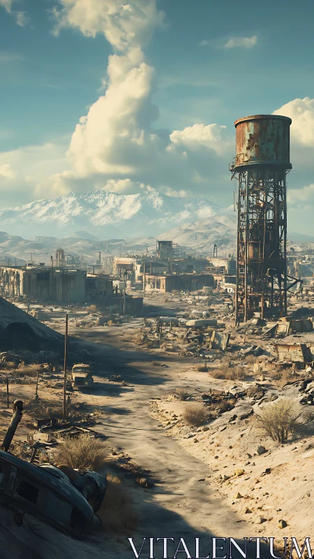 Postapocalyptic industrial valley with corroded water tower.