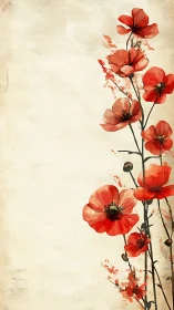 Watercolor red poppies on vintage cream vertical border.