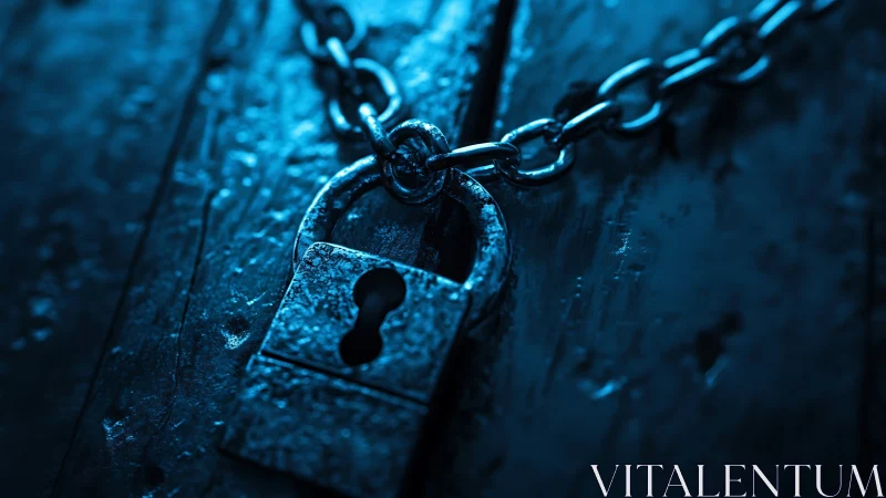 Rustic metal padlock in blue light on weathered wood surface.