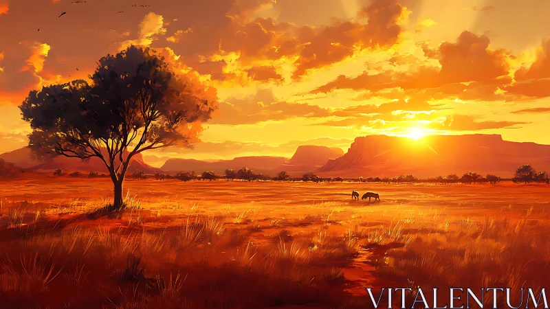 Golden savanna sunset with grazing animals and lone tree.