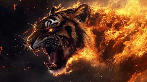 Flaming tiger roars skyward while its body unravels as fire