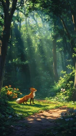 Fox stands on forest path beneath directional sunlight rays